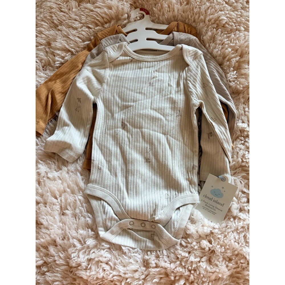 Cloud Island Baby Neutral 6-9 Months Long Sleeve Bodysuit 3pc Set. Cream NWT